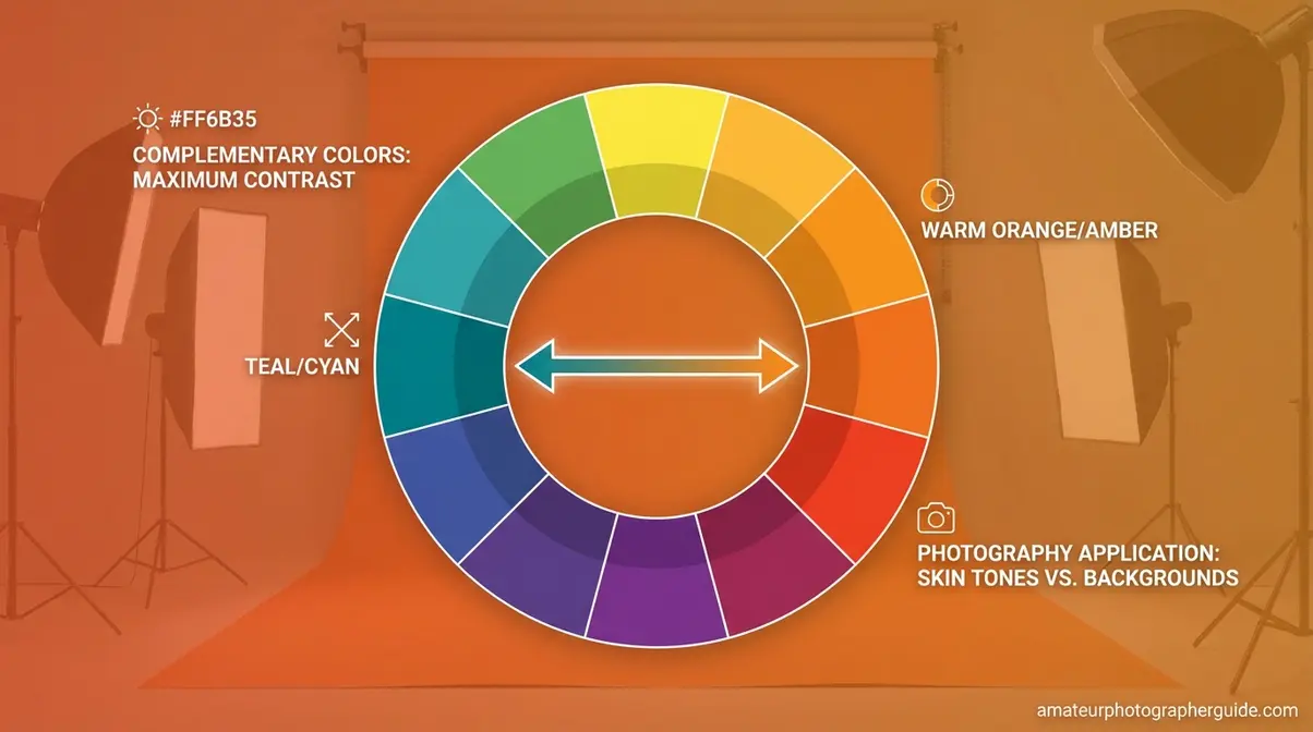 Color wheel diagram showing complementary color pairs used in color grading photography including teal-orange