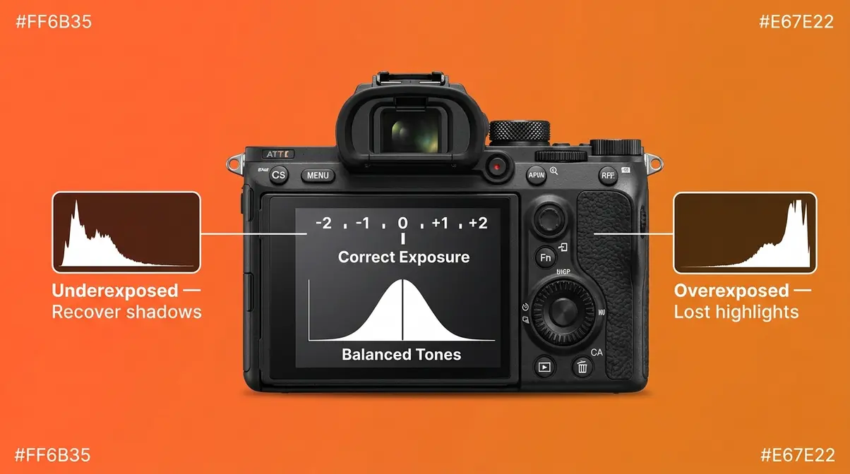 Camera LCD showing light meter scale and histogram graph for reading exposure accurately