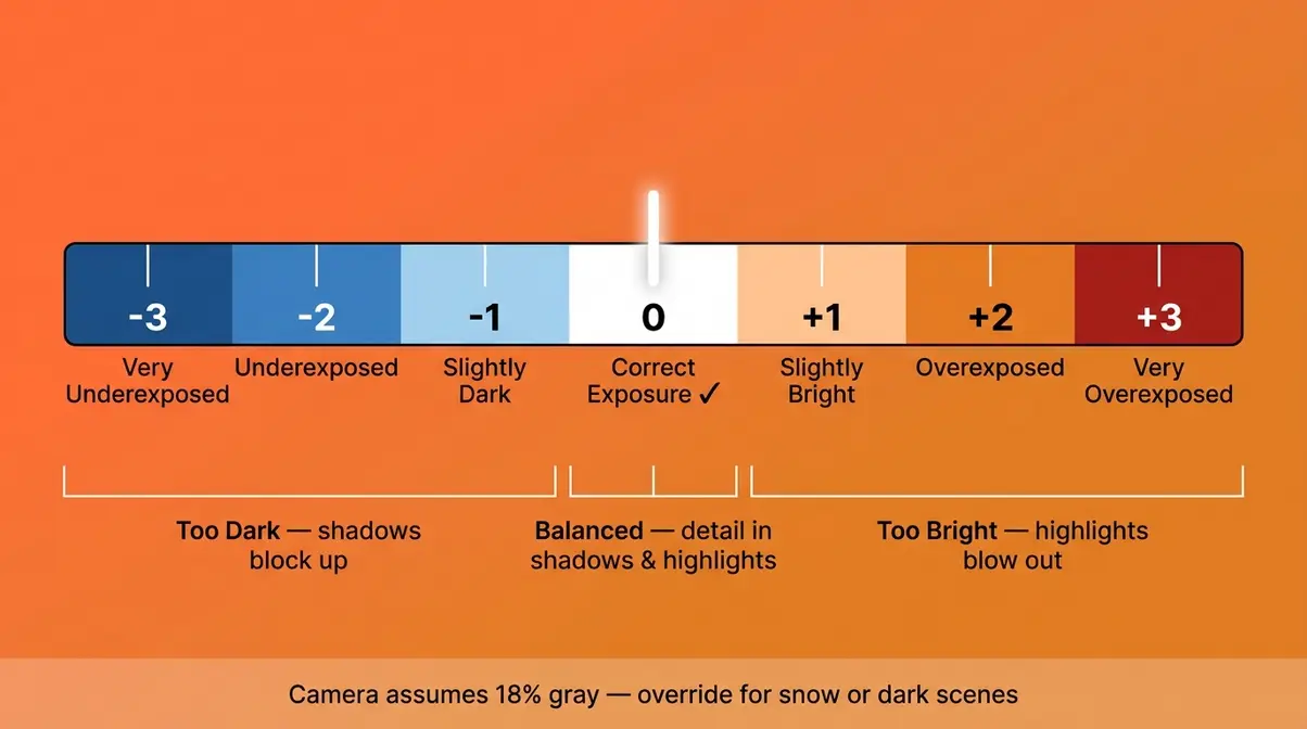 Camera light meter cheat sheet showing exposure scale from underexposed to overexposed with annotations