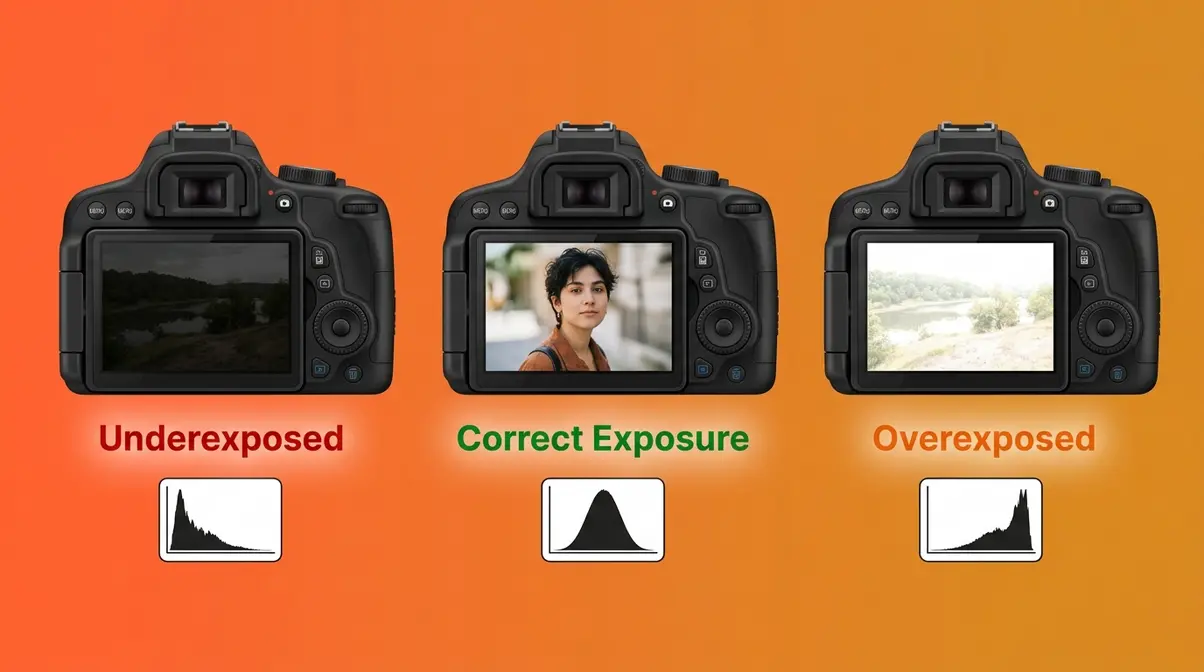 Three camera screens showing underexposed correct and overexposed photography examples with histograms