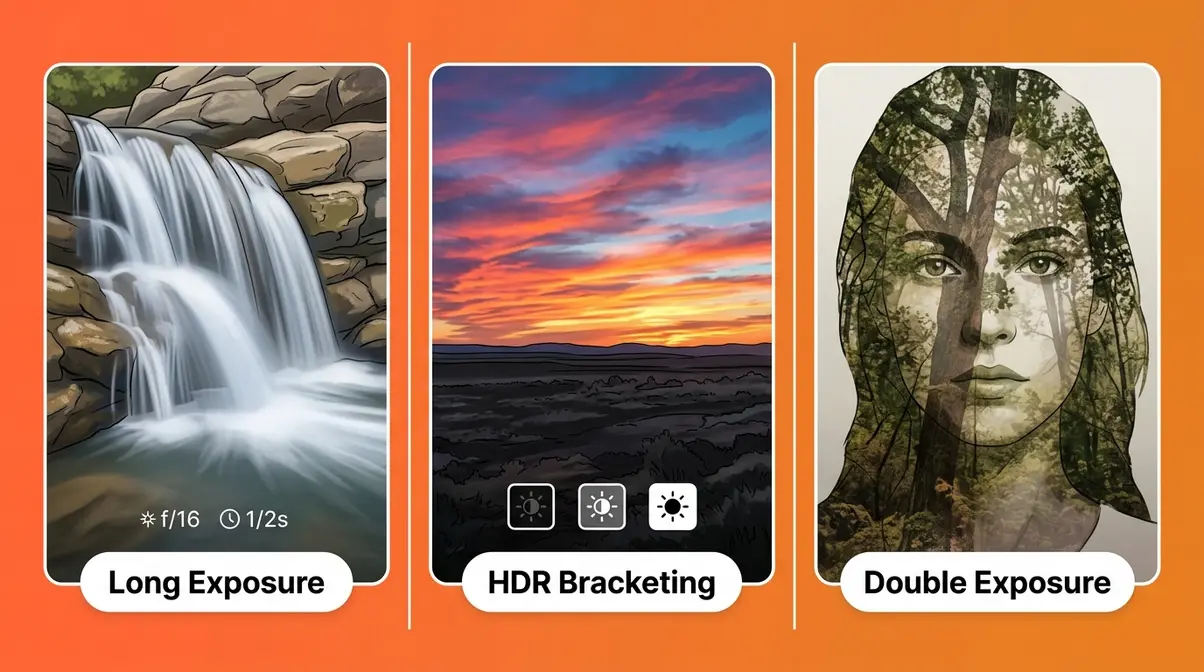 Three creative exposure techniques shown as photography examples — long exposure HDR bracketing and double exposure