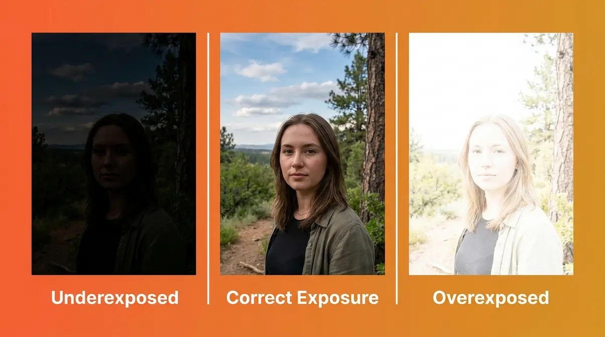Photography exposure comparison showing underexposed correct and overexposed versions of the same scene