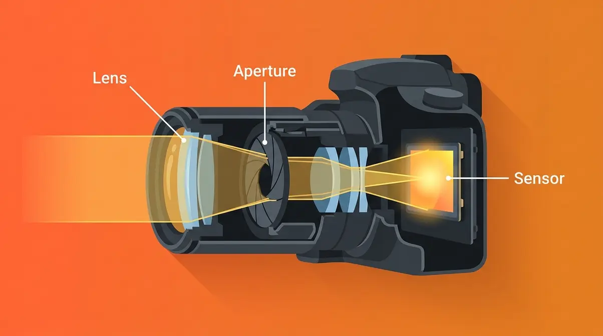 Diagram showing how light travels through a camera lens and hits the sensor to create an exposure