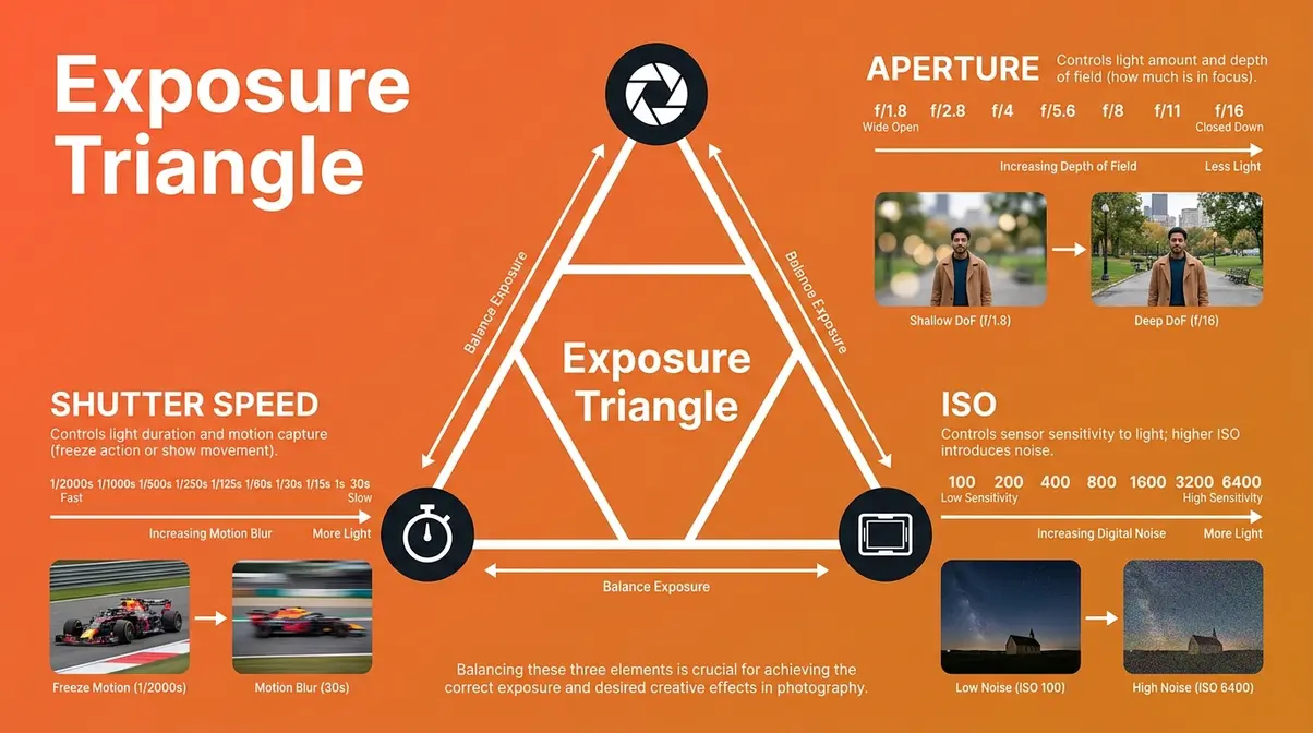 Exposure triangle diagram showing aperture shutter speed and ISO relationships for beginner photographers