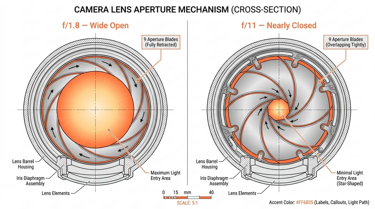 Diagram showing f-stop aperture blades open at f/1.8 and nearly closed at f/11 on a camera lens
