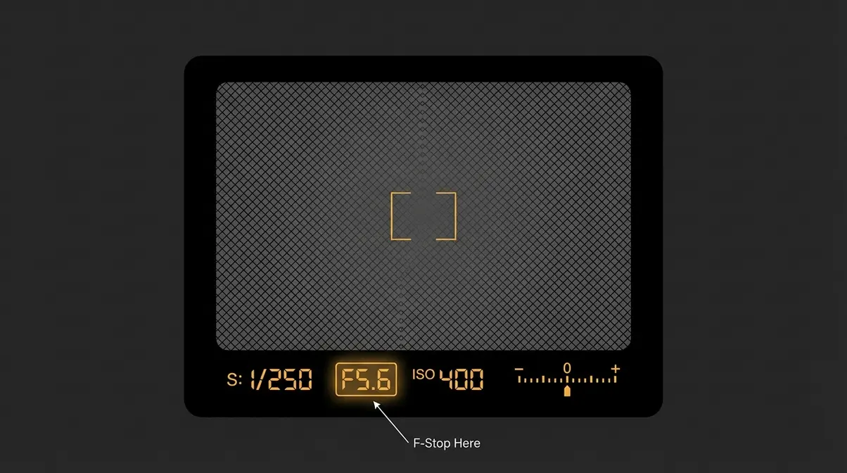 Camera viewfinder display showing f-stop number F5.6 highlighted on LCD status panel