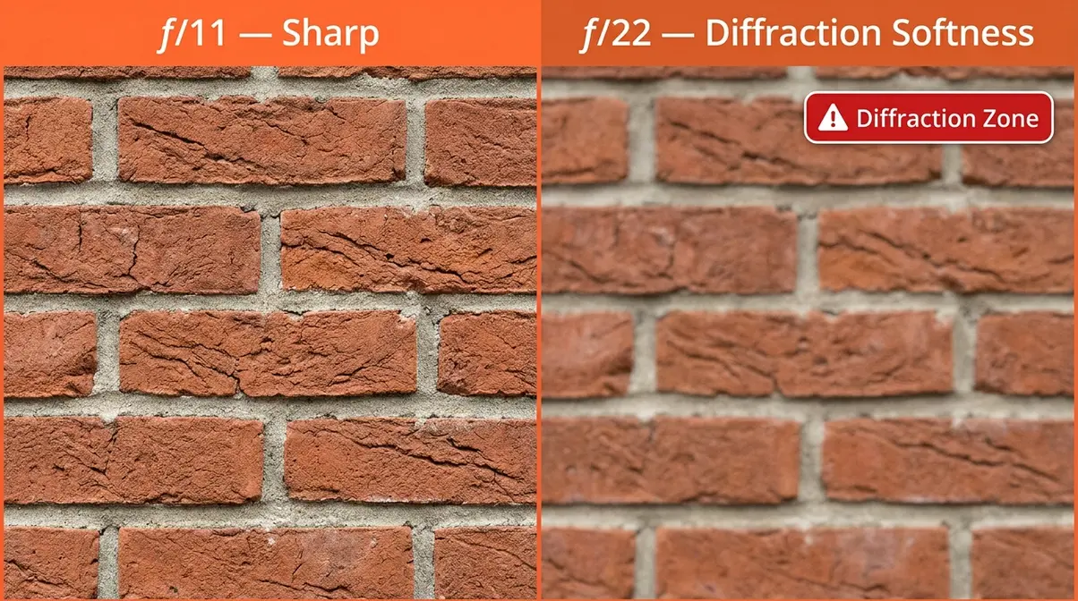 Diffraction softness comparison showing sharp image at f/11 versus soft diffraction effect at f/22 on a camera
