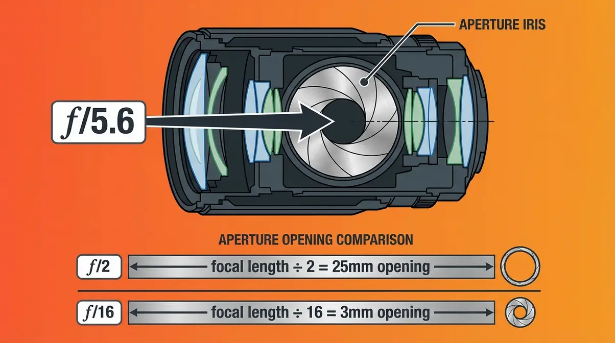 Camera lens cross-section diagram showing aperture iris blades at f/5.6 with f-stop fraction explanation