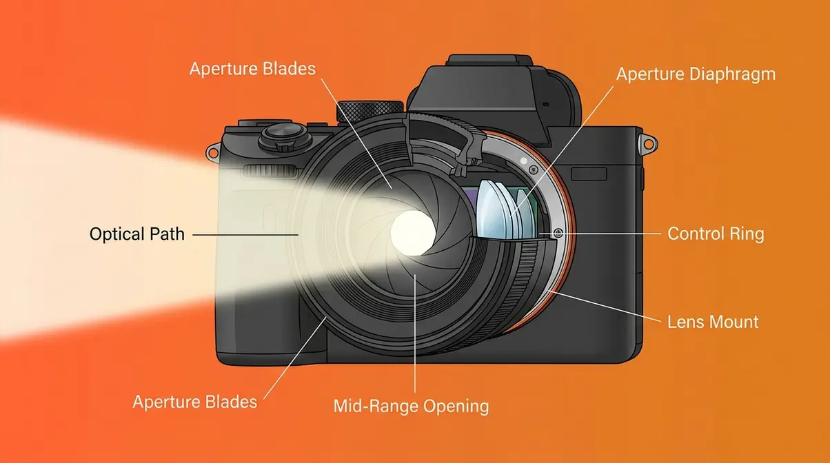 Camera lens cross-section showing f-stop aperture blades controlling light entry for beginner photographers