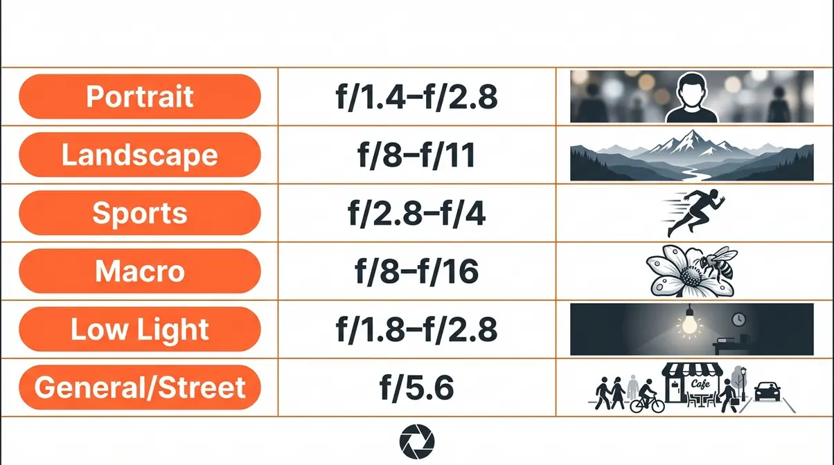 F-stop cheat sheet infographic showing recommended aperture settings for portrait landscape sports macro and low-light photography