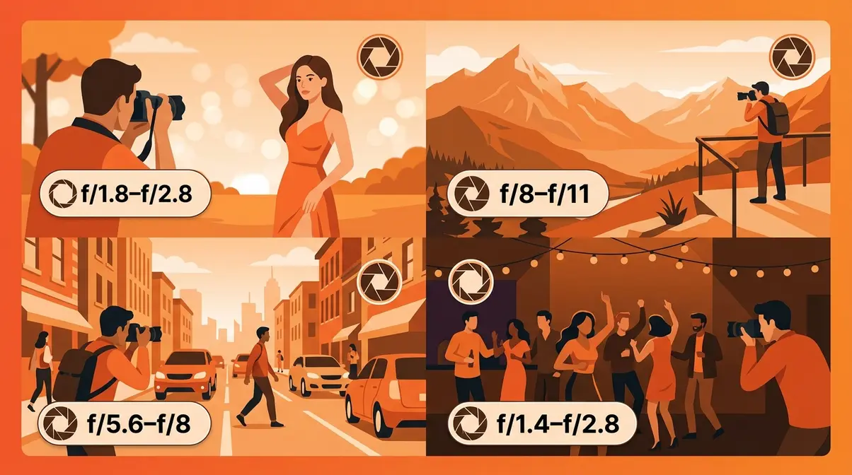 F-stop cheat sheet showing camera settings for portraits, landscapes, street photography, and low light scenes