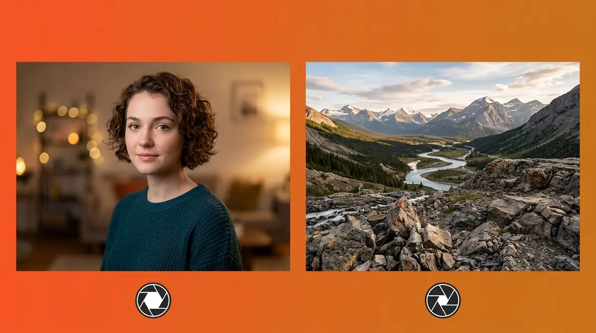 F-stop depth of field control showing shallow bokeh portrait versus sharp landscape photography comparison