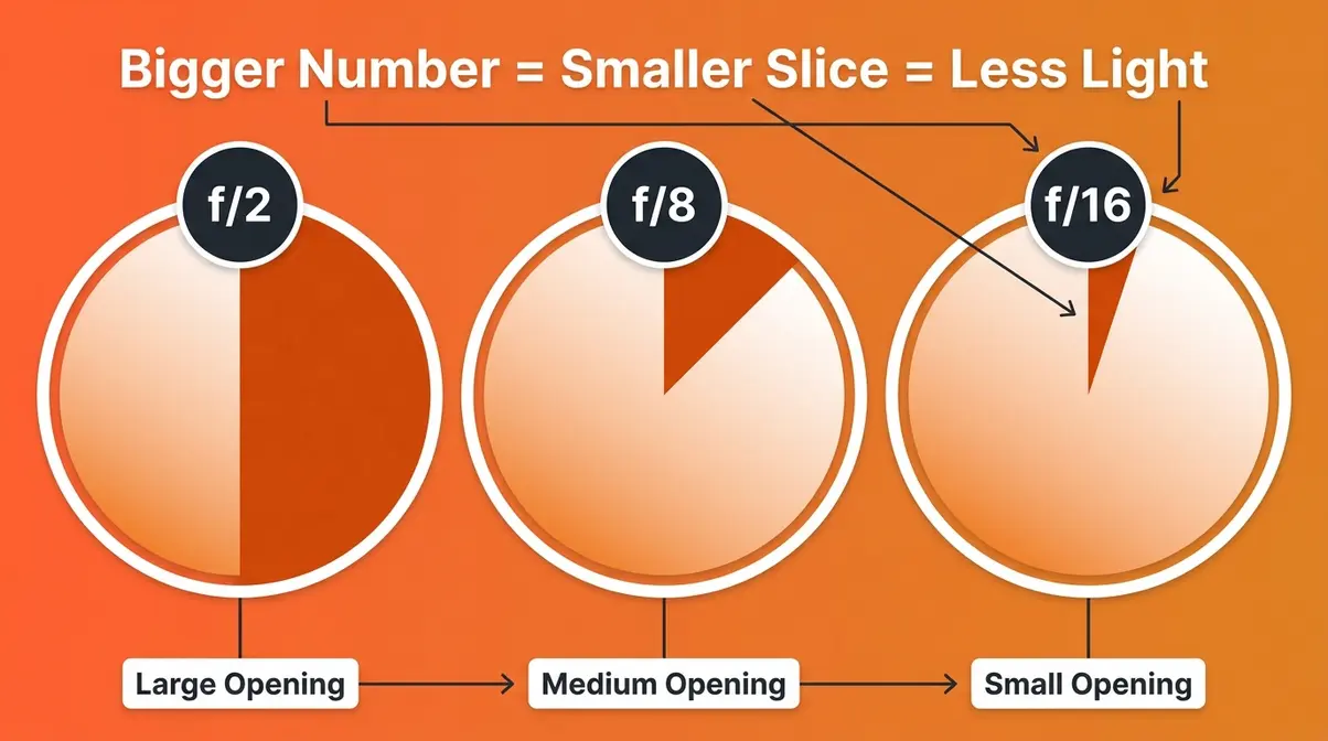 F-stop inversion rule pie chart showing aperture size comparison at f/2, f/8, and f/16 for beginner photographers