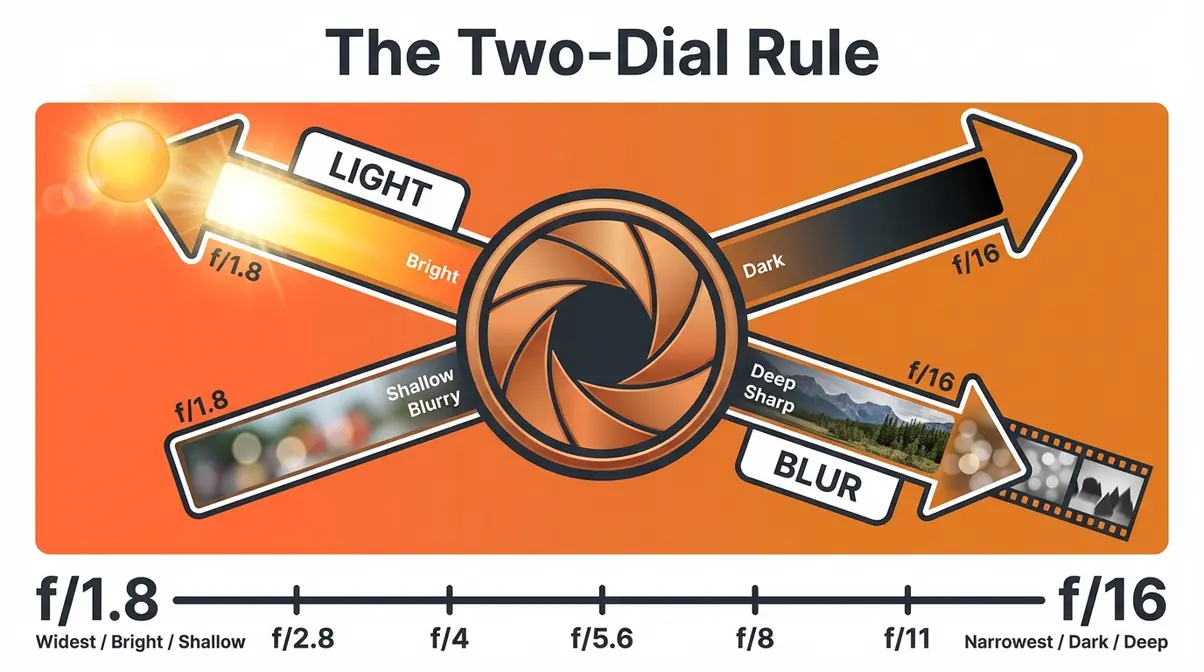 F-stop two-dial rule diagram showing aperture controlling both light exposure and background blur simultaneously