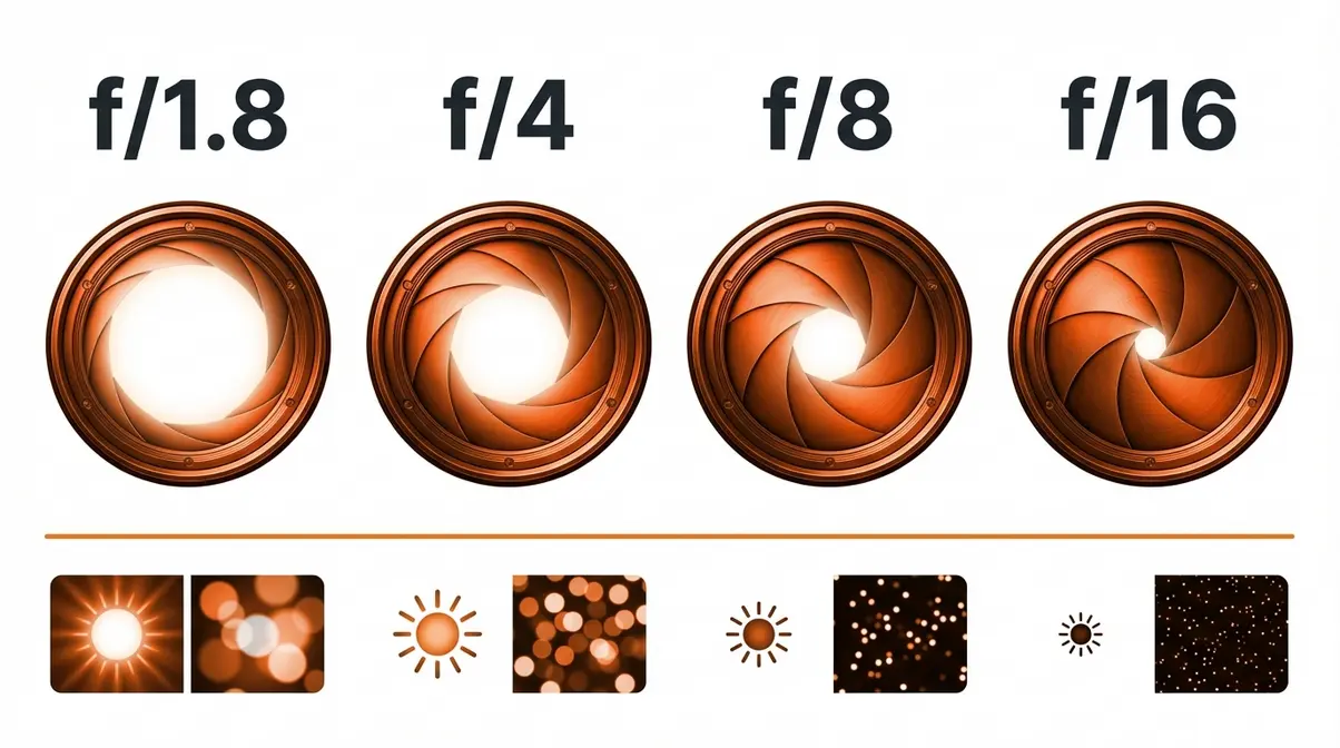 F-stop scale infographic showing aperture openings at f/1.8 f/4 f/8 and f/16 with light and blur effects