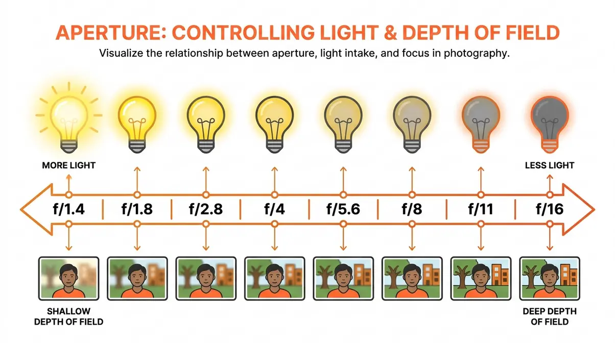 F-stop scale infographic showing light and depth of field changes from f/1.4 to f/16 on a camera