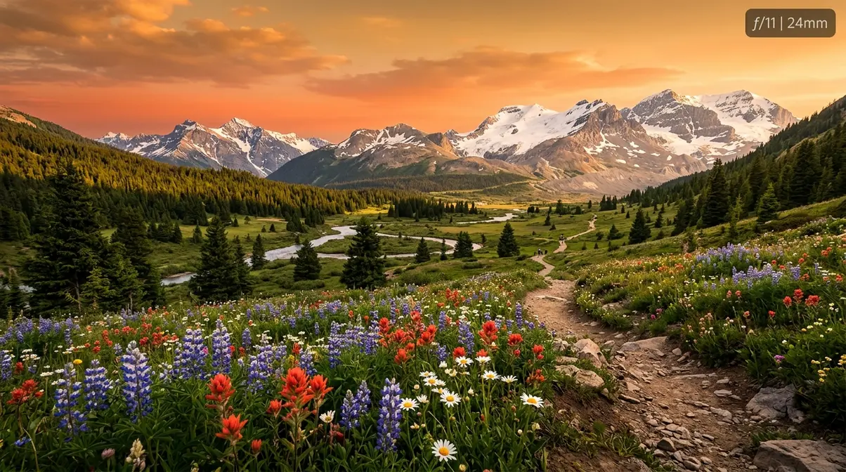 High f-stop f/11 landscape photography showing sharp foreground wildflowers and distant mountains in equal focus