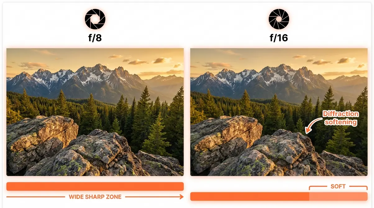 Landscape photography comparison showing depth of field sharpness at f/8 versus f/16 with diffraction note