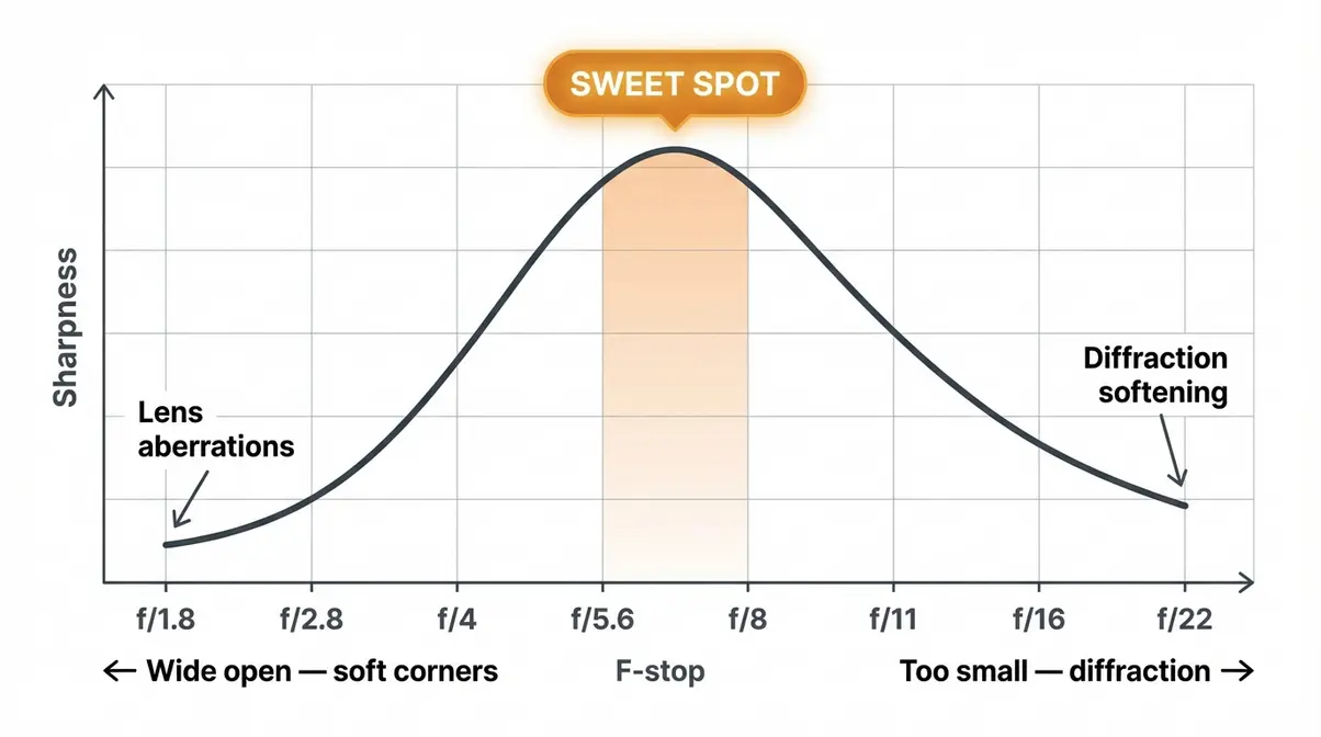 Lens sharpness curve graph showing sweet spot between f/5.6 and f/8 with diffraction and aberration zones marked