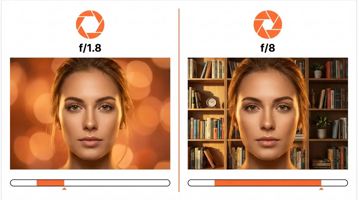 Portrait photo comparison showing blurry bokeh background at f/1.8 versus sharp background at f/8