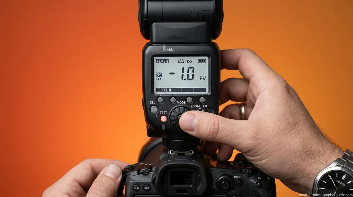 Adjusting flash exposure compensation dial to minus one stop for natural outdoor fill flash