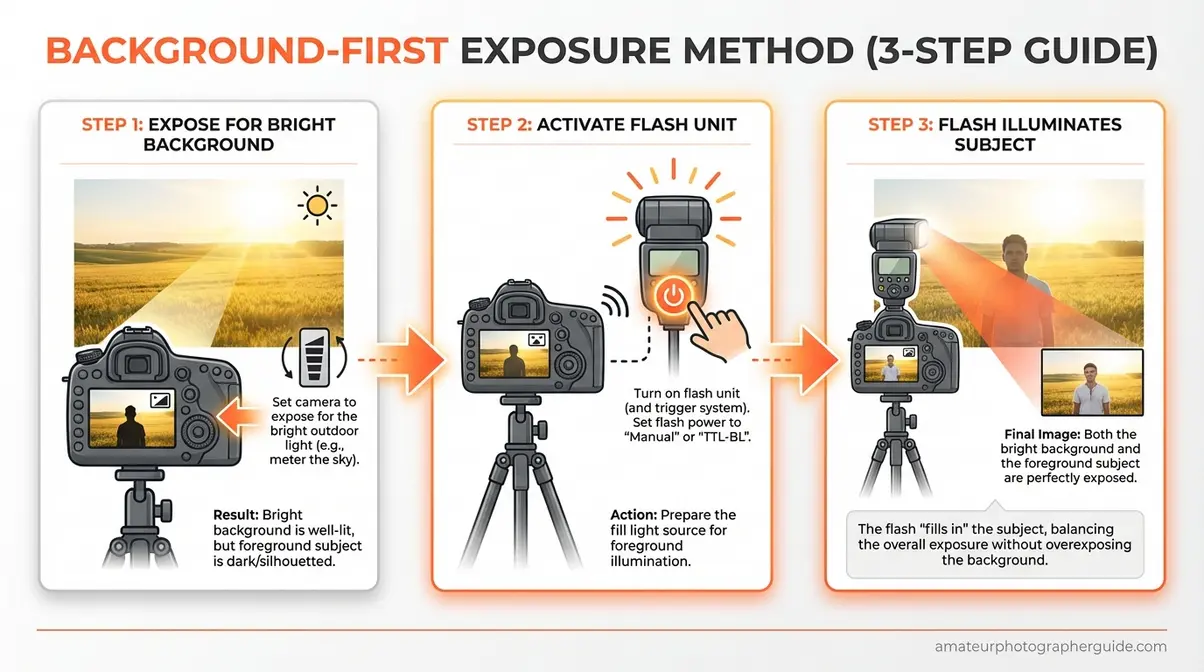 Diagram of the Background-First Exposure Method showing ambient exposure set before flash is added