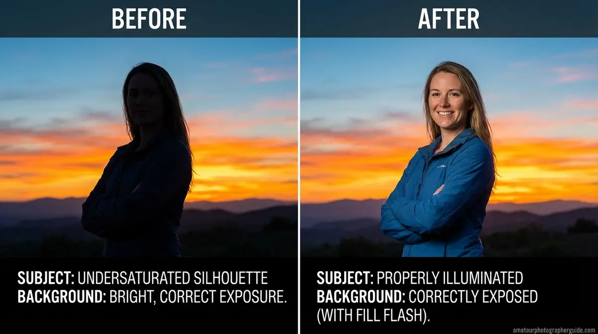 Backlit portrait comparison showing silhouette without fill flash versus properly exposed subject with fill flash