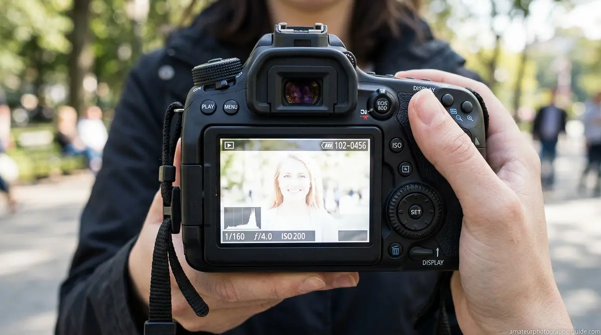 Camera LCD screen showing a washed-out portrait resulting from too much fill flash power