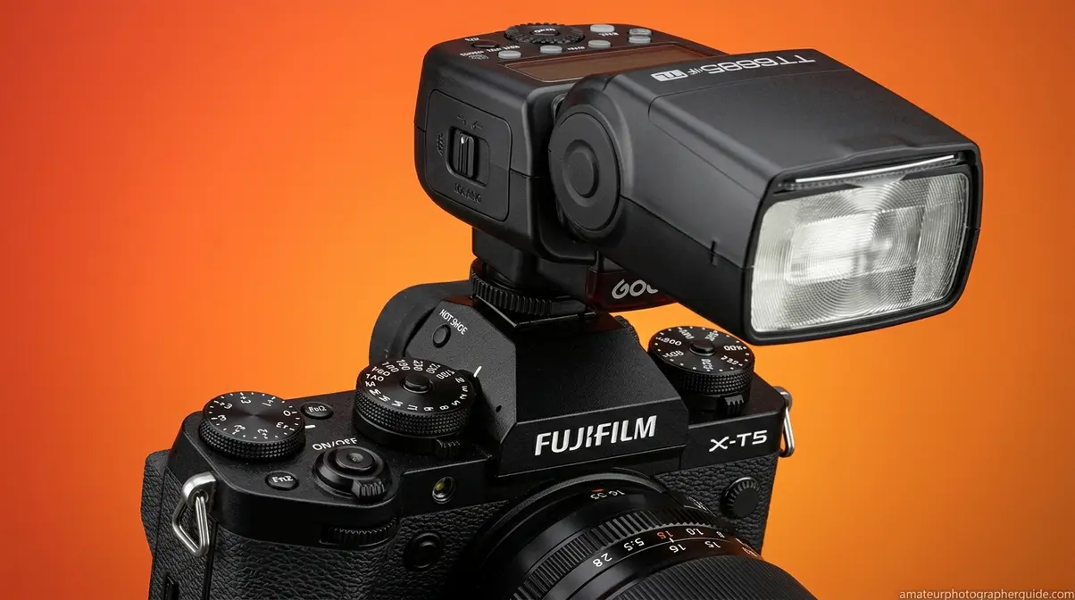 External speedlight flash mounted on modern mirrorless camera for outdoor fill flash photography