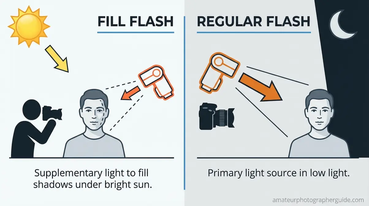 Fill flash photography diagram comparing supplementary daylight flash versus primary dark-room flash lighting setups