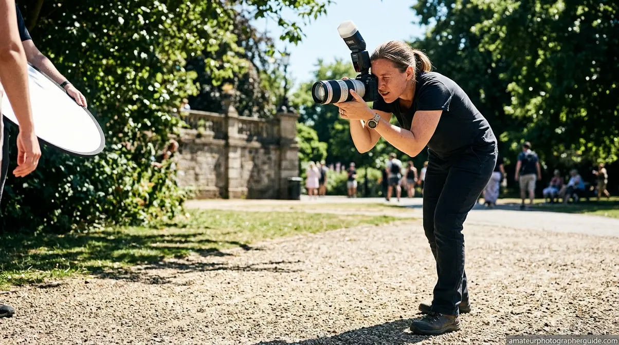 Professional photographer using fill flash to shoot portraits outdoors in harsh midday sunlight