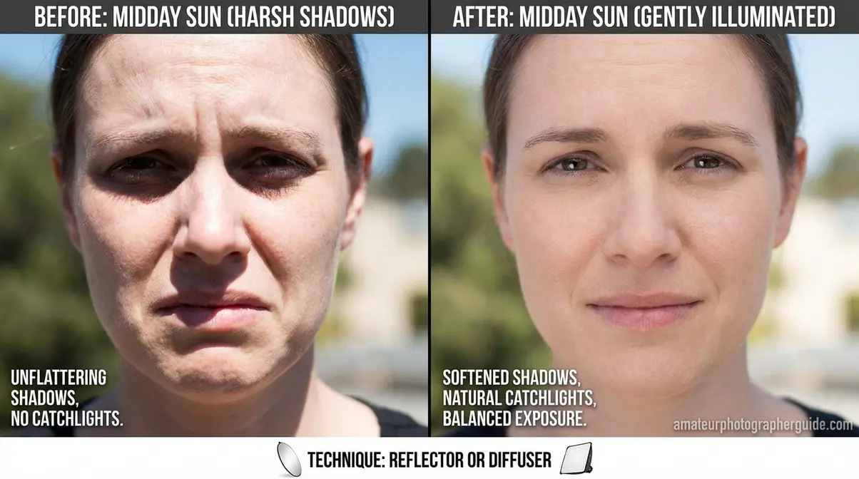 Before and after fill flash photography comparison showing shadow removal in outdoor midday sun portrait