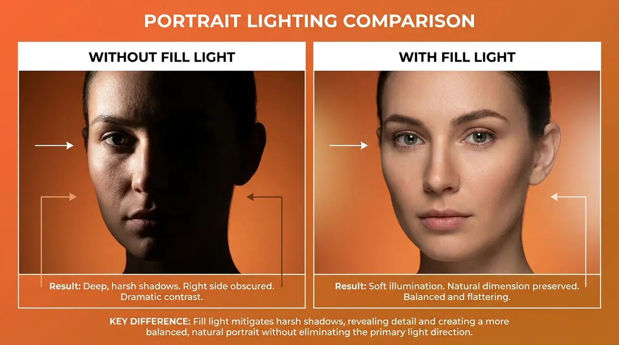 Before and after portrait comparison showing harsh shadows without fill light versus balanced professional lighting with fill light