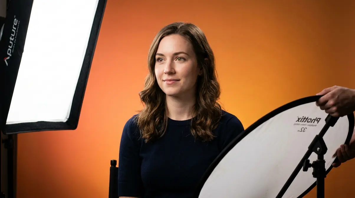 Studio portrait showing fill light photography concept with key light and reflector softening facial shadows
