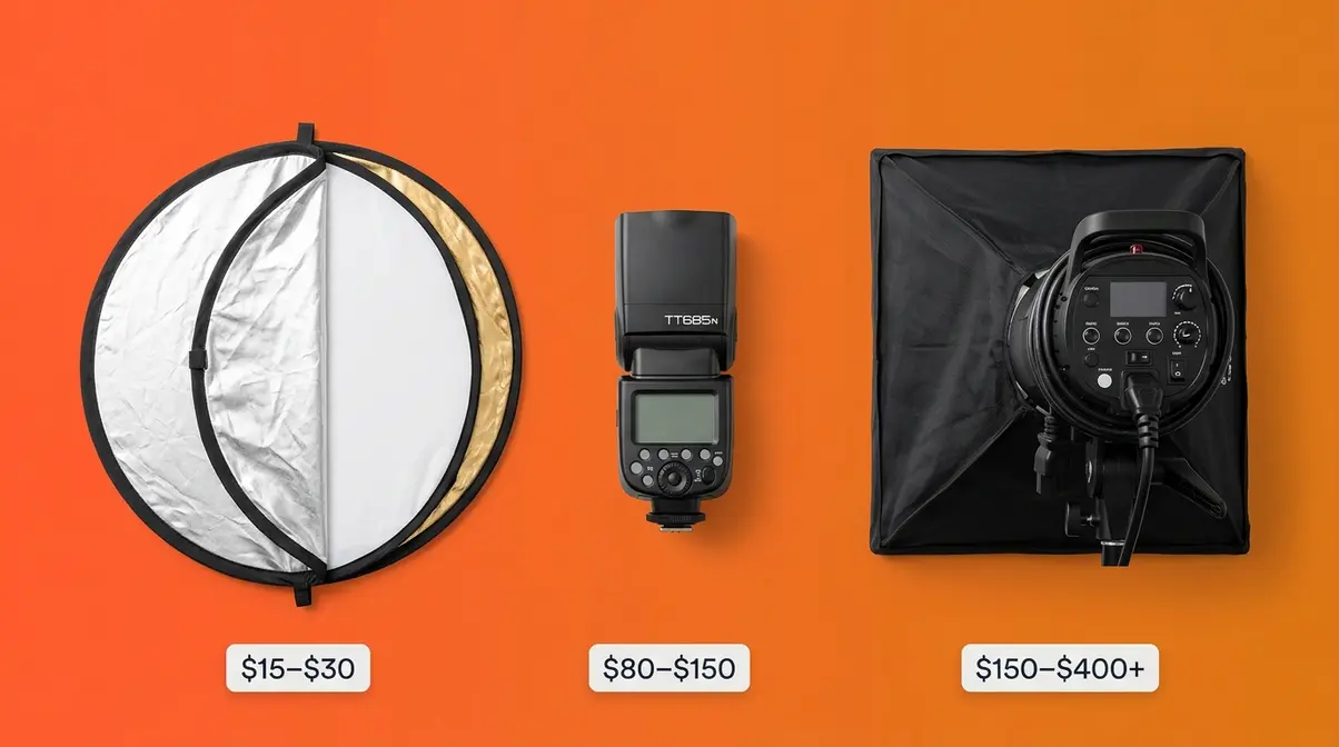 Fill light photography equipment flat lay showing reflector, speedlight, and studio strobe at different price points