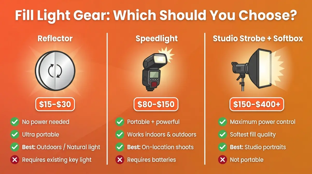Photography fill light equipment comparison infographic showing reflector, speedlight, and studio strobe with price ranges and best use cases