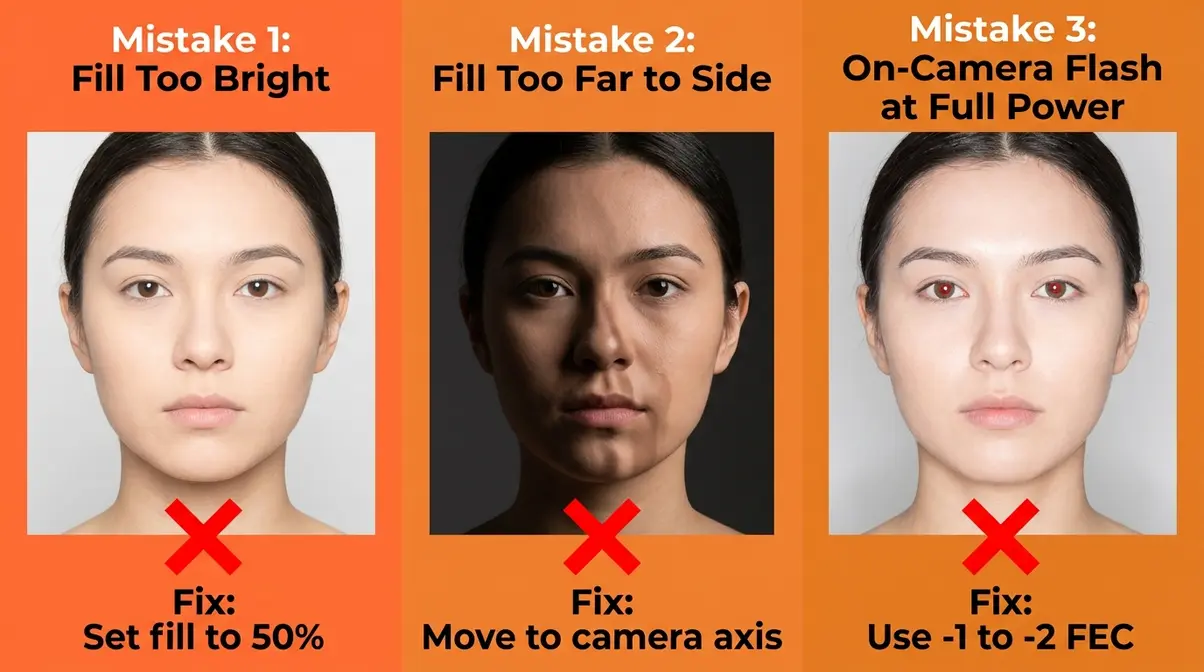 Three common fill light photography mistakes showing flat lighting, competing shadows, and harsh on-camera flash errors