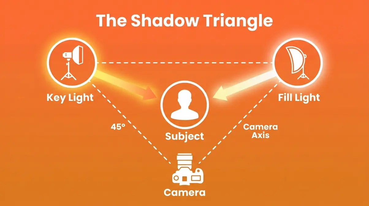 Top-down fill light photography diagram showing key light at 45 degrees, fill light opposite, and subject forming The Shadow Triangle
