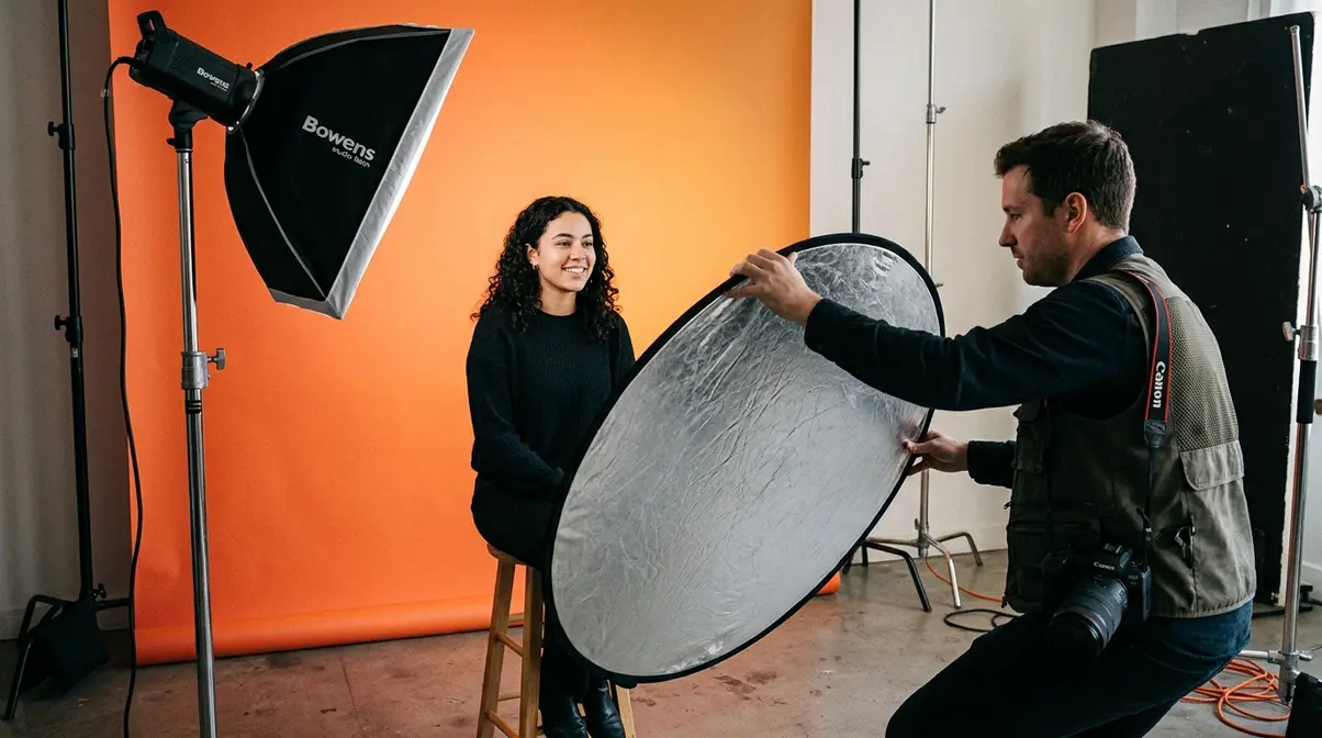 Photographer setting up fill light techniques in studio with key light and reflector positioned in Shadow Triangle formation