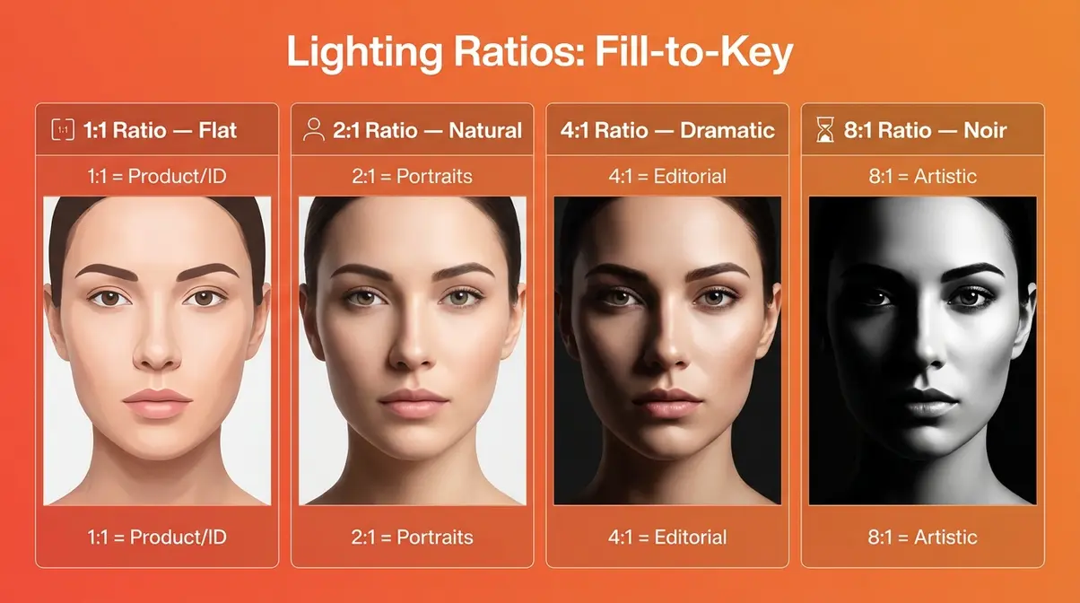Lighting ratio chart comparing 1:1 flat lighting to 2:1 natural to 4:1 dramatic portrait examples for fill light photography