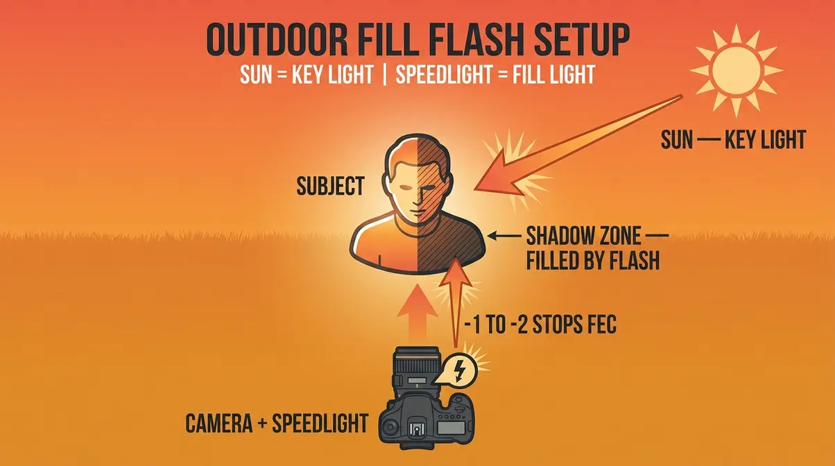 Outdoor fill flash photography diagram showing sun as key light and on-camera speedlight as fill light for portrait shadow elimination
