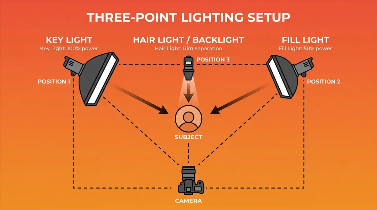 Studio three-point lighting diagram showing key light, fill light, and hair light positions for professional portrait photography