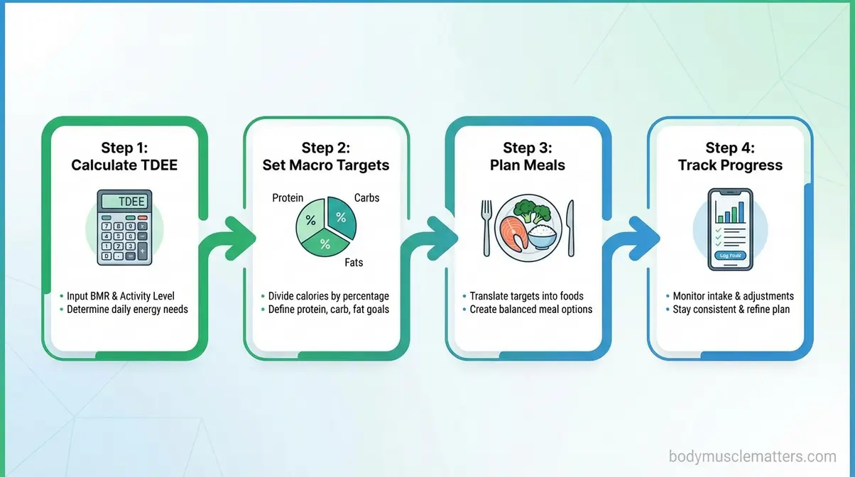 step-by-step flowchart showing TDEE calculation to macro target setting process for flexible dieting beginners