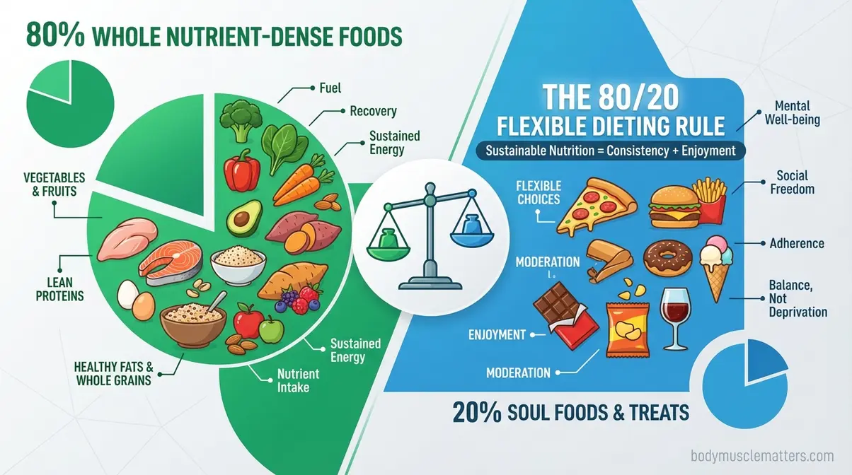 infographic showing 80% whole nutrient-dense foods versus 20% soul foods in flexible dieting for balanced nutrition