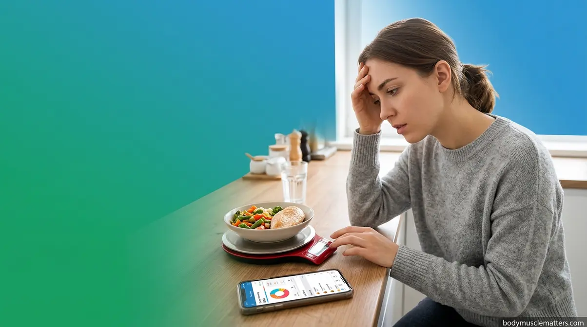 Person experiencing tracking fatigue while weighing food for flexible dieting
