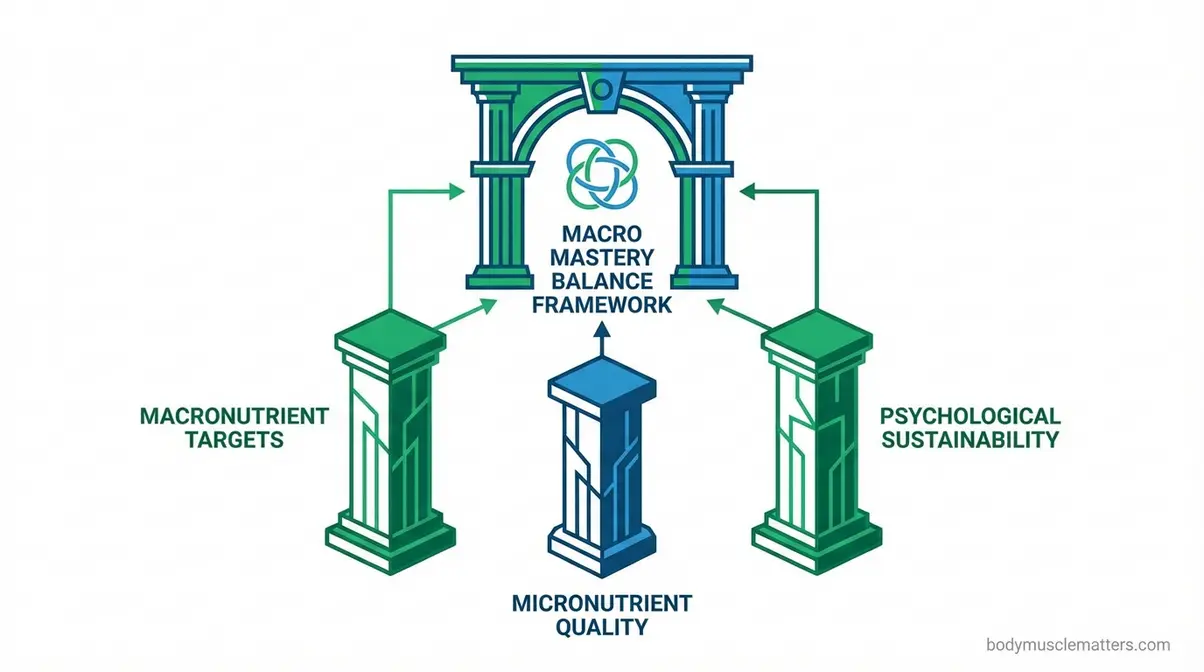diagram showing three pillars of sustainable flexible dieting: macronutrient targets, micronutrient quality, and psychological sustainability