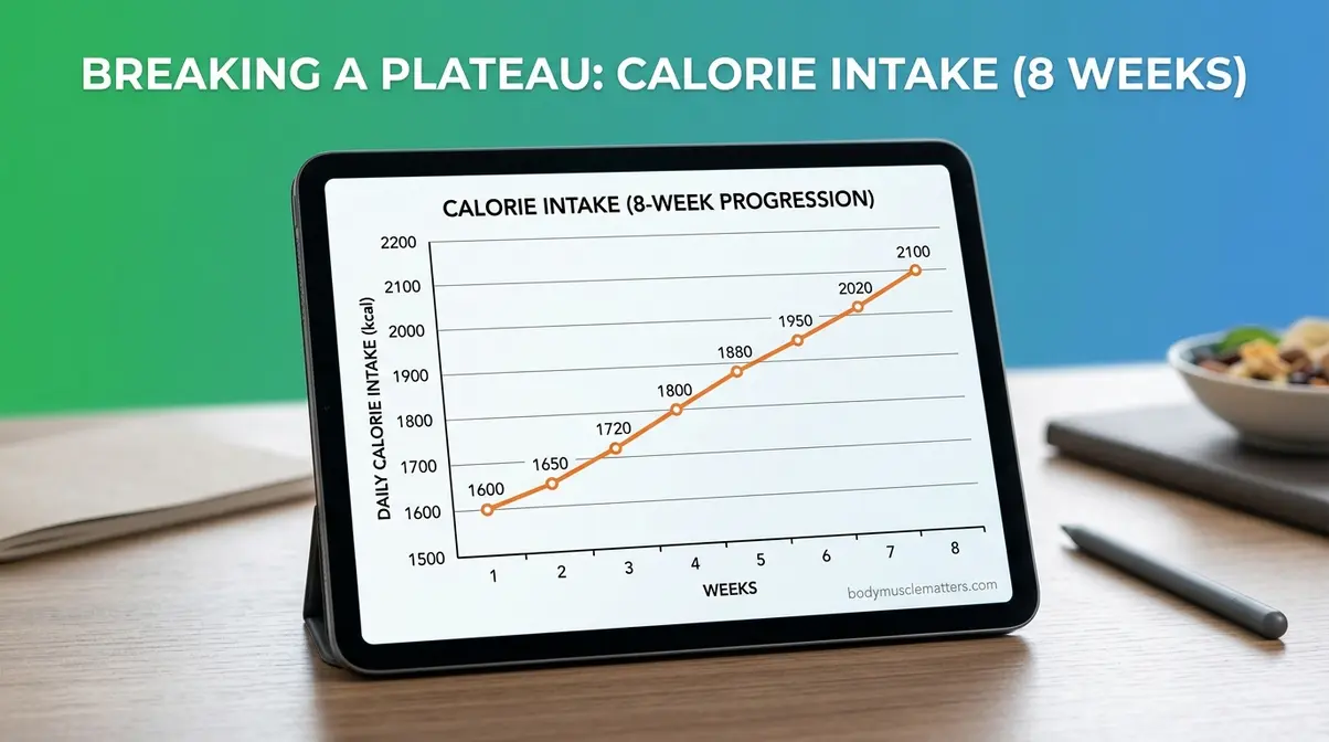 Line graph on tablet showing reverse dieting calorie increases over 8 weeks