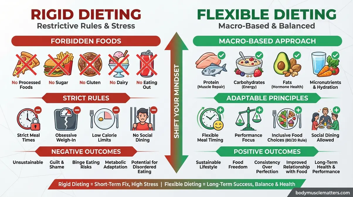 side-by-side comparison chart showing rigid dieting food rules versus flexible dieting macro-based approach for sustainable weight loss