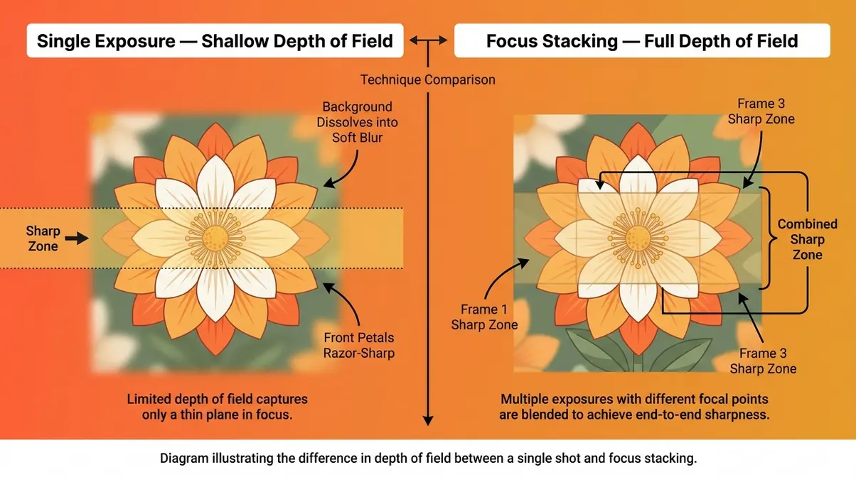 Depth of field diagram comparing single shallow focus exposure versus focus stacking full sharpness on a flower