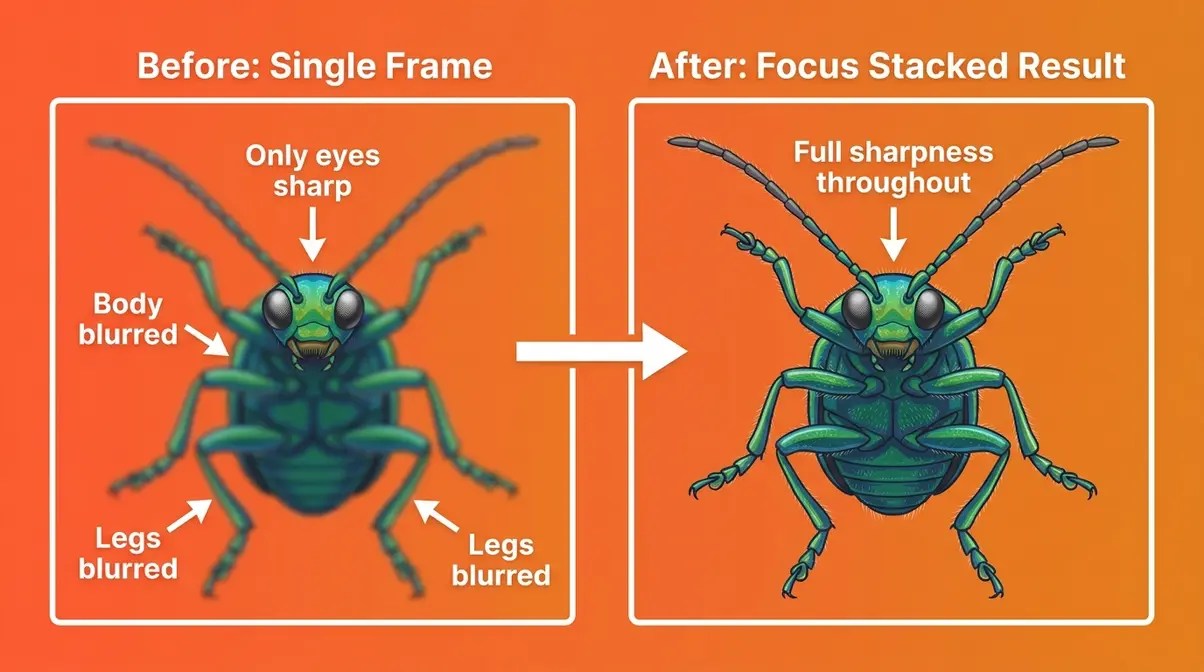 Before and after focus stacking comparison showing single blurry macro frame versus fully sharp stacked result